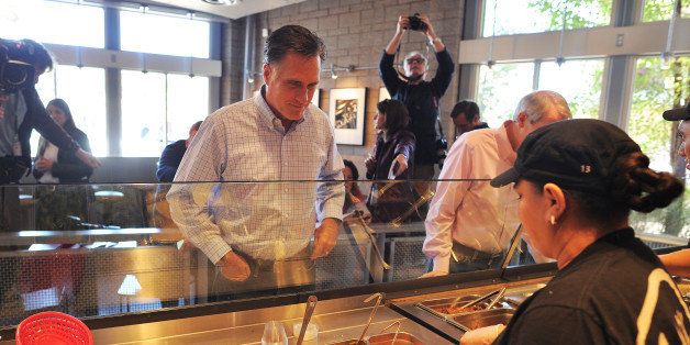 US Republican presidential candidate Mitt Romney orders lunch at a Chipotle restaurant in Denver, Colorado, on October 2, 2012. US President Barack Obama and his White House rival Romney hunkered down on Tuesday to prepare for the high-stakes televised debate upon which their political futures depend. AFP PHOTO/Jewel Samad (Photo credit should read JEWEL SAMAD/AFP/GettyImages)