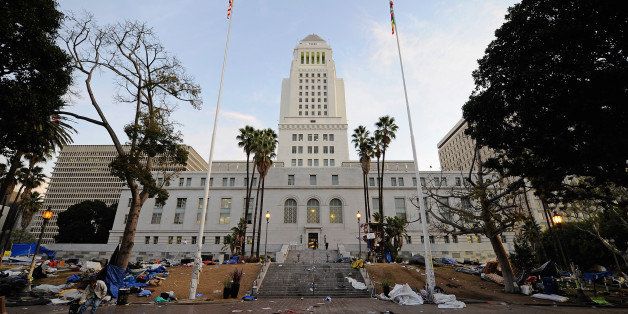 LOS ANGELES, CA - NOVEMBER 30: Debris and belongings of Occupy Los Angeles remain in the empty encampment at City Hall following the Los Angeles Police Department raid on November 30, 2011 in Los Angeles, California. Protesters remained on the City Hall lawn despite a deadline, set by Los Angeles Mayor Antonio Villaraigosa, to dismantle their campsite and leave the park which the city declared closed as of 12:01 am November 28th. (Photo by Kevork Djansezian/Getty Images)