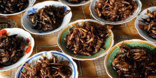 This picture taken on March 15, 2011 shows plates of fried insects, including crickets and grasshoppers, for sale at a local market in Vientiane. AFP PHOTO / HOANG DINH Nam (Photo credit should read HOANG DINH NAM/AFP/Getty Images)