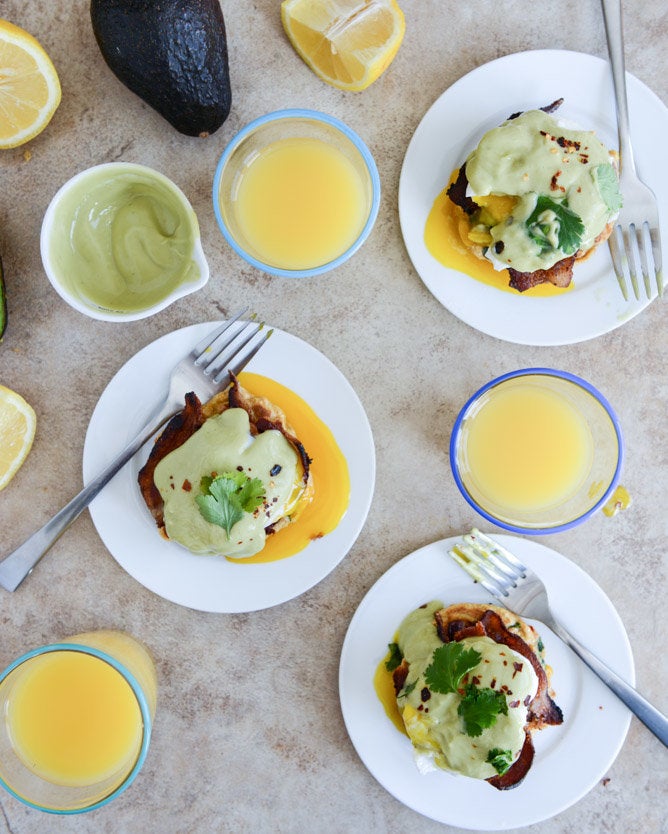 Sweet Corn Cake Eggs Benedict With Avocado Hollandaise