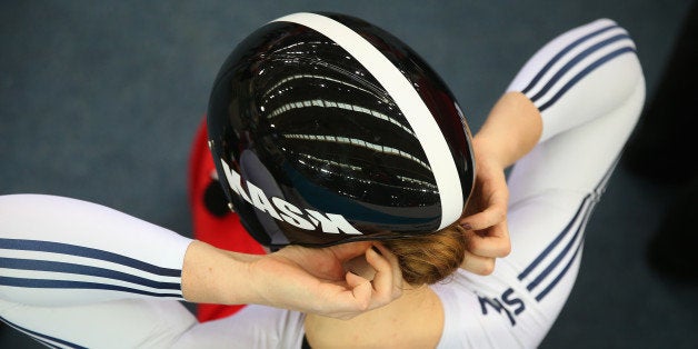 LONDON, ENGLAND - DECEMBER 06: Jessica Varnish of Great Britain adjusts her helmet before competing in the Women's Sprint 1/8 Finals on day two of the UCI Track Cycling World Cup at the Lee Valley Velopark Velodrome on December 6, 2014 in London, England. (Photo by Bryn Lennon/Getty Images)