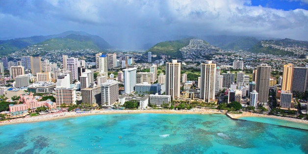 Waikiki Beach from a doors off ride with Genesis Aviation Helicopter Tours.