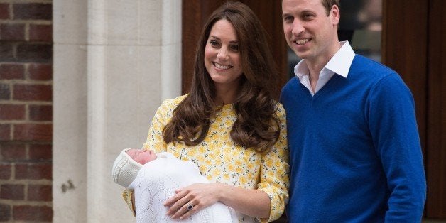 Britain's Prince William (R) and Catherine, Duchess of Cambridge show their newly-born daughter, their second child, to the media outside the Lindo Wing at St Mary's Hospital in central London, on May 2, 2015. The Duchess of Cambridge was safely delivered of a daughter weighing 8lbs 3oz, Kensington Palace announced. The newly-born Princess of Cambridge is fourth in line to the British throne. AFP PHOTO / LEON NEAL (Photo credit should read LEON NEAL/AFP/Getty Images)