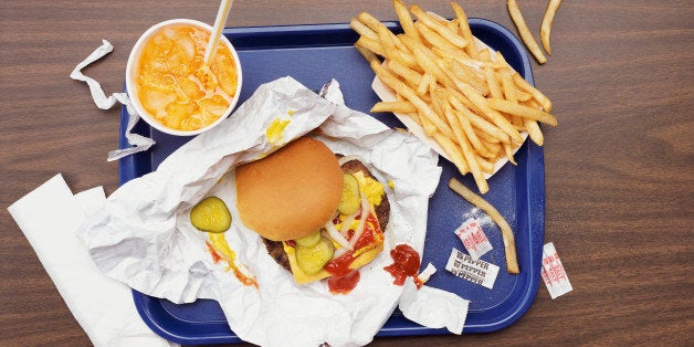 Elevated View of a Tray With Fries, a Hamburger and Lemonade