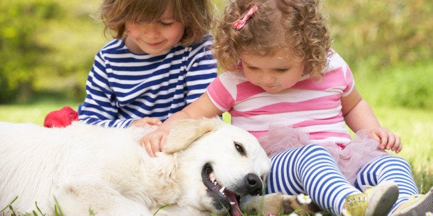 Two Children Petting Family Dog In Summer Field