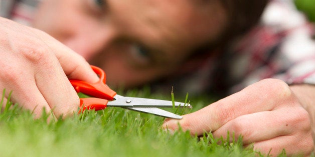 Man with shear on grass, ocd