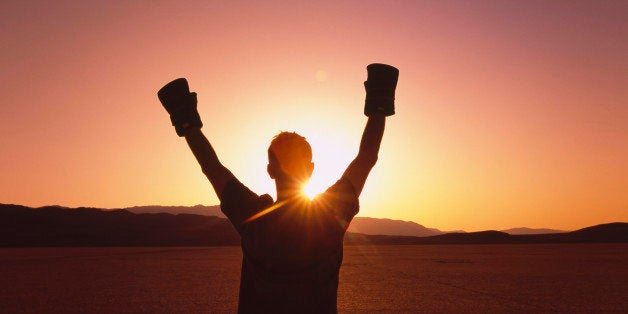 Silhouette of a person wearing boxing gloves in a desert at dusk, Black Rock Desert, Nevada, USA