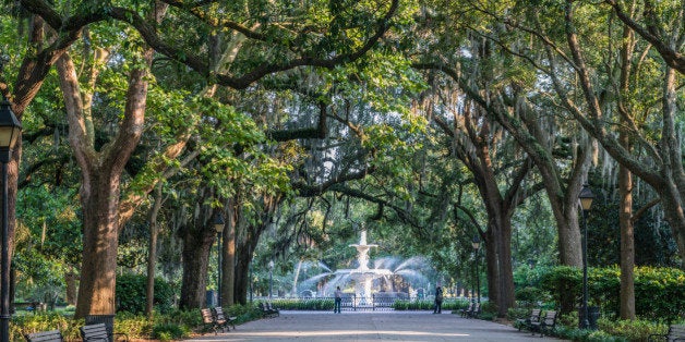 Late afternoon light strikes the iconic fountain on the north side of Forsyth Park in Savannah, Georgia.