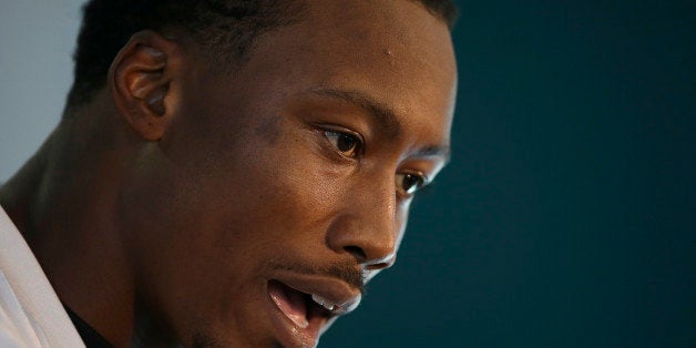 Wide receiver Brandon Marshall speaks during a press conference after an NFL training session at London Irish training ground in south west London, Friday, Oct. 2, 2015. The New York Jets are preparing for an NFL football game against the Miami Dolphins at London's Wembley stadium on Sunday. (AP Photo/Matt Dunham)