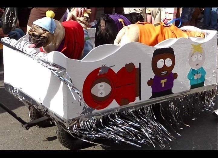 Cartman the Pug in a South Park Themed Barkus Float