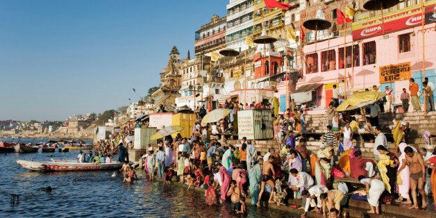 India, Varanasi, Ganges River, pilgrims on ghats