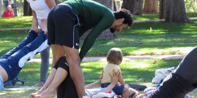 MADRID, SPAIN - SEPTEMBER 19: Stany Coppet, Dolores Chaplin and their son Akilles Coppet are seen doing yoga on September 19, 2015 in Madrid, Spain. (Photo by Europa Press/Europa Press via Getty Images)