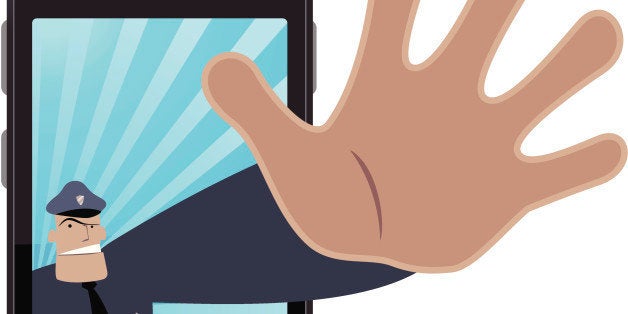 Vector illustration - Police making stop gesture and protecting your cell phone.