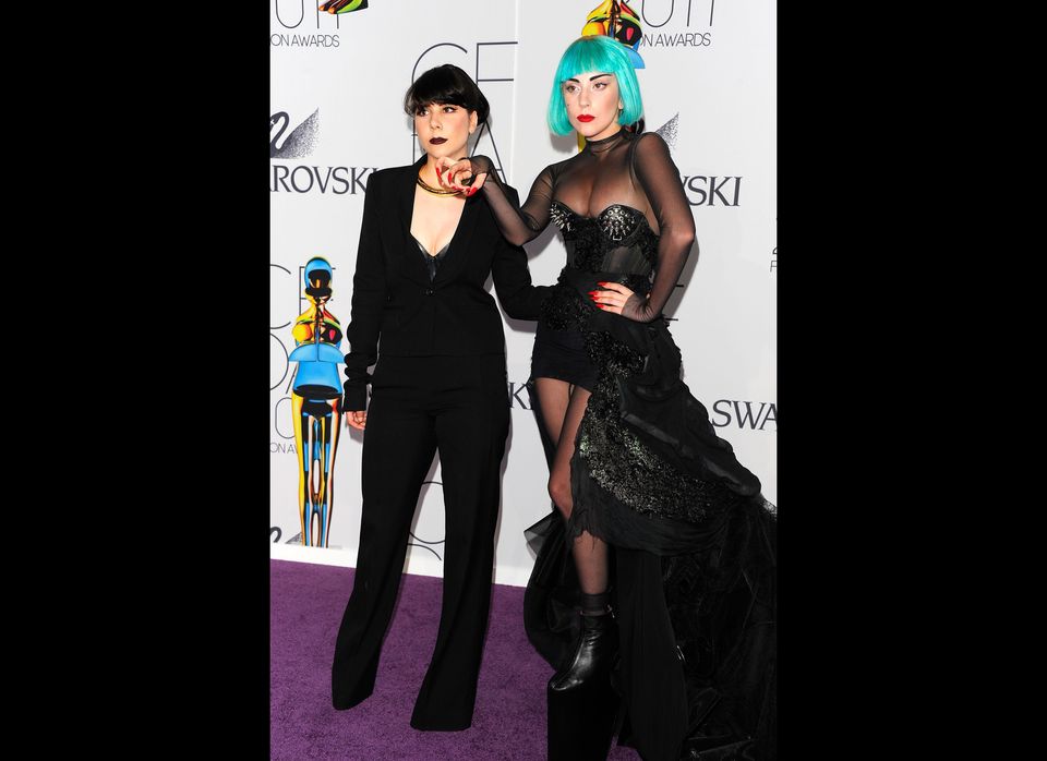 Lady Gaga (R) in custom Mugler and her sister Natali Germanotta