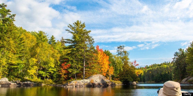 Paddling a canoe through the calm waters of Herb Lake bordering Algonquin Park in Ontario during the start of fall with the trees starting to turn yellow and red.