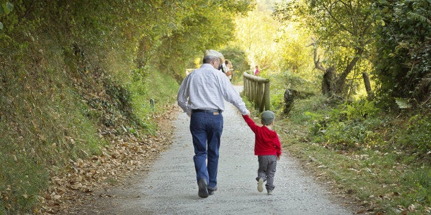 Back view of grandfather and grandchild walking in a nature path