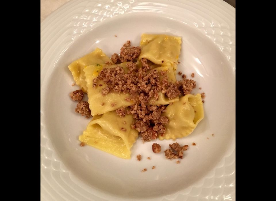 Salty, sweet, toasty pecan "sand" is a great topping for squash ravioli