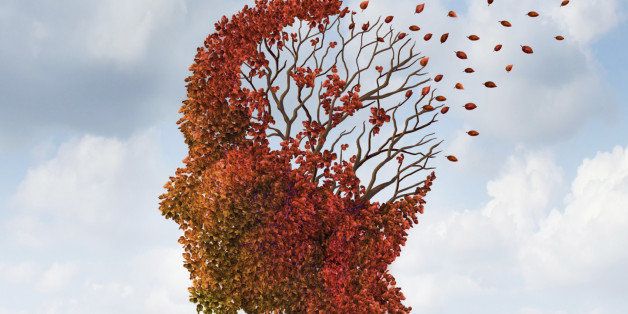 Brain disease with memory loss due to Dementia and Alzheimer's illness with the medical icon of an autumn season color tree in the shape of a human head and brain losing leaves as a concept of intelligence decline.