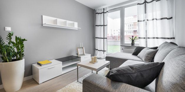 Modern interior design living room with gray walls.