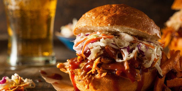 Homemade Pulled Chicken Sandwich with Coleslaw and Fries