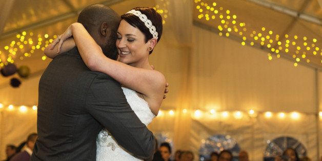 Newlywed couple dancing at reception