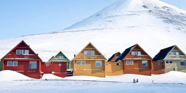 View colorful houses in Longyearbyen with snowSvalbard, Norway