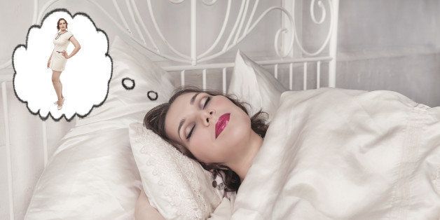 Beautiful plus size woman sleeping and dreaming about slim herself isolated