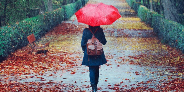 Woman walking in the rain with umbrella on straight hedged alley path in autumn with green, red and yellow leaves on the trees and ground around her.