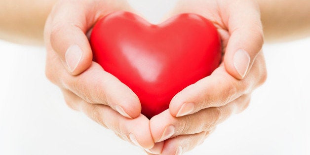Female Hands presenting a red heart.