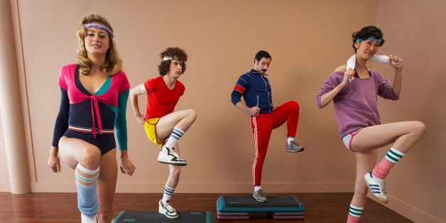 People in 1970's Clothing Exercising