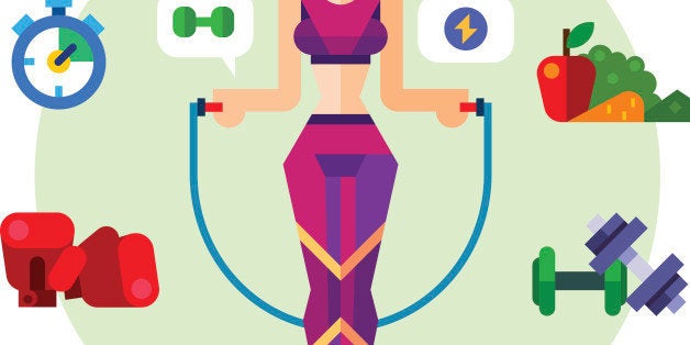 Happy and healthy fitness girl with a skipping rope. Sport style symbols: vegetables, shaping, cardio, dumbbells, boxing gloves, healthy food. Vector flat icon and illustration set