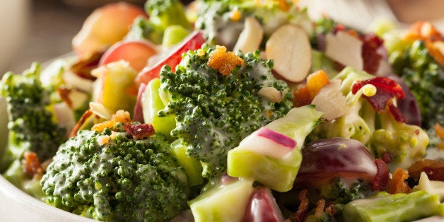 Homemade Green Broccoli Salad with Grapes Onion and Bacon