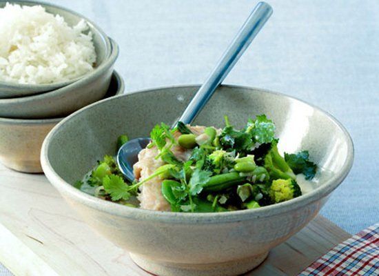 Steamed Sole And Green Vegetables With Thai Style Coconut Sauce 