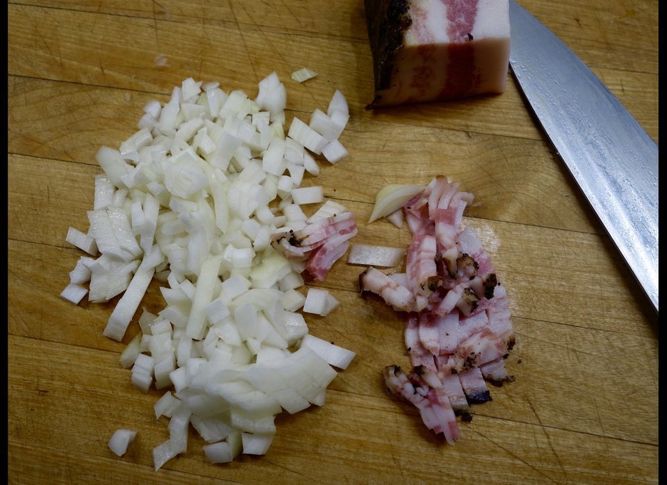 Onion dice; guanciale matchsticks