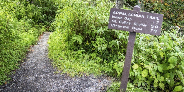 Appalachian Trail sign marking the distance to Clingmans Dome. At over 6,000 ft. Clingmans Dome is the highest point of the Appalachian Trail. Great Smoky Mountains National Park. Gatlinburg, Tennessee.