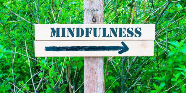 MINDFULNESS written on Directional wooden sign with arrow pointing to the right against green leaves background. Concept image with available copy space