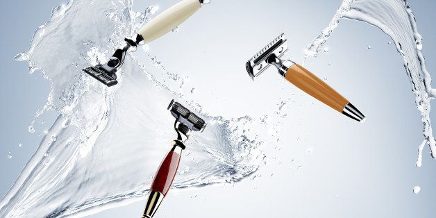 shaving razor blade, watersplash, water droplets, blue background