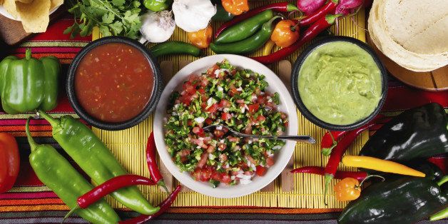 Stock image of traditional mexican food salsas and ingredients