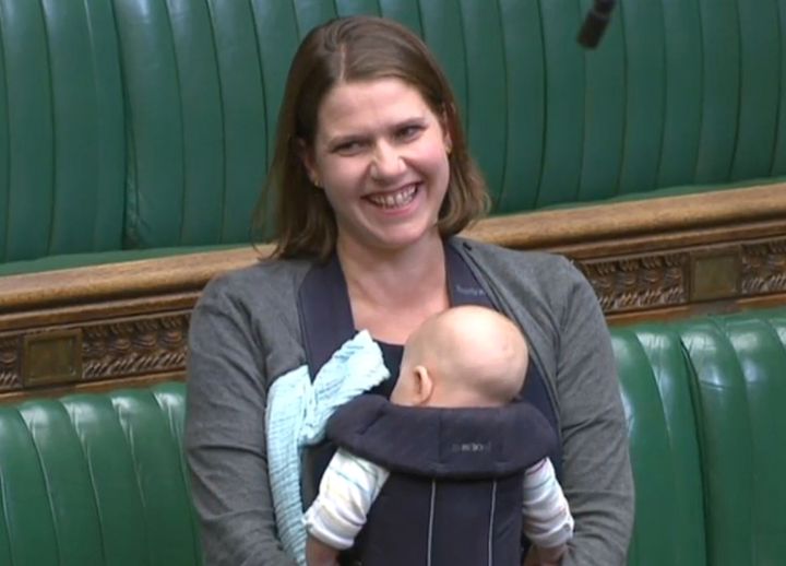 Liberal Democrat deputy leader Jo Swinson with her baby Gabriel in her Commons seat to listen to the closing remarks of a discussion about proxy voting