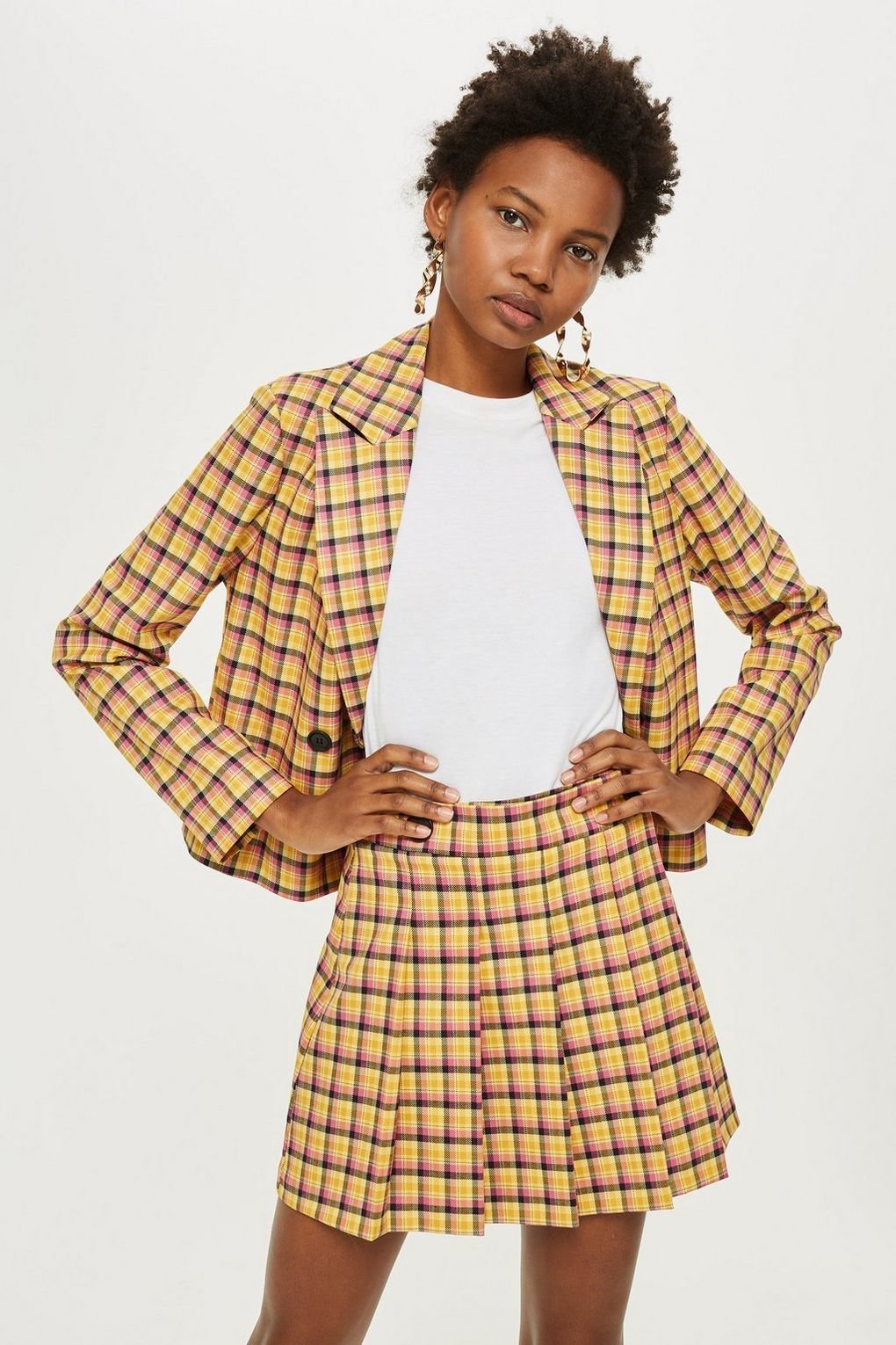 yellow check skirt suit