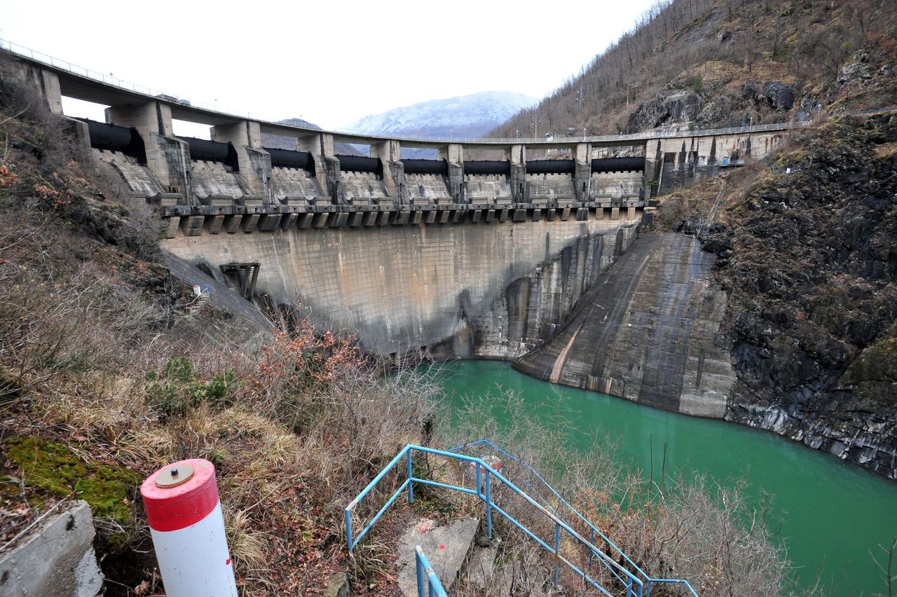 A concrete dam at the foot of the artificially formed Jablanicko lake near the Bosnian town of Konjic.