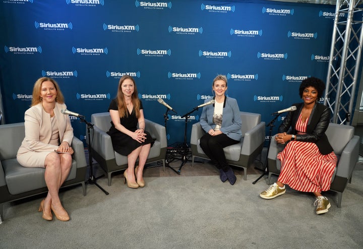 Clinton appeared with Nancy Northup, president of the Center for Reproductive Rights (left), and Sirius XM hosts Zerlina Maxwell (right) and Jess McIntosh (second from right) during a taping of "Signal Boost."