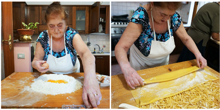 Graziella mixes up pasta dough and rolls it out before slicing it into tagliatelle.