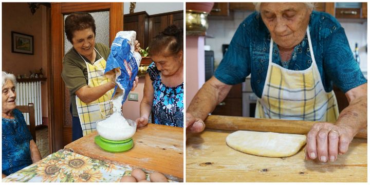 Left: Franca pours the flour onto a scale. Right: Elide rolls out the pasta dough with a mattarello.
