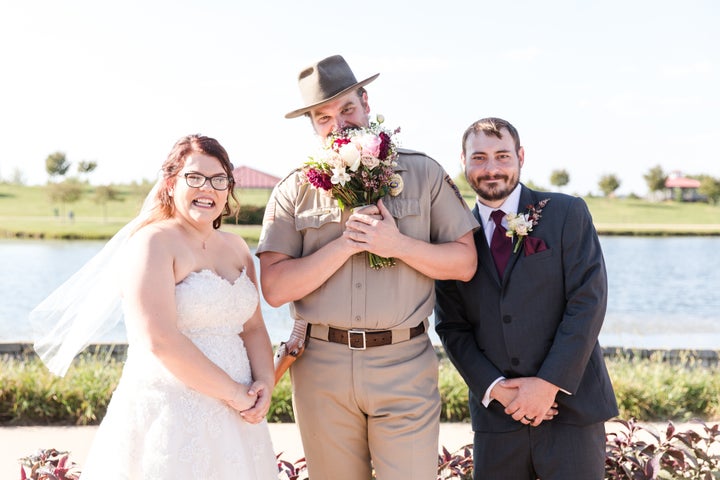 The bride, groom and a bashful Harbour.