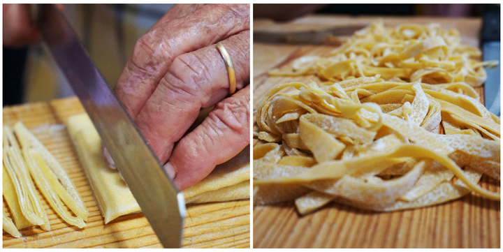 Elide slices the pasta sheets into beautiful strands of tagliatelle.