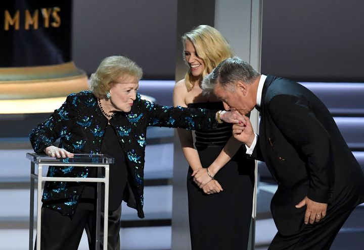 Betty White, fifth-wheel Kate McKinnon and Alec Baldwin onstage at the 70th Emmy Awards.
