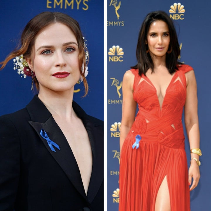 Evan Rachel Wood and Padma Lakshmi in ACLU blue ribbons. 