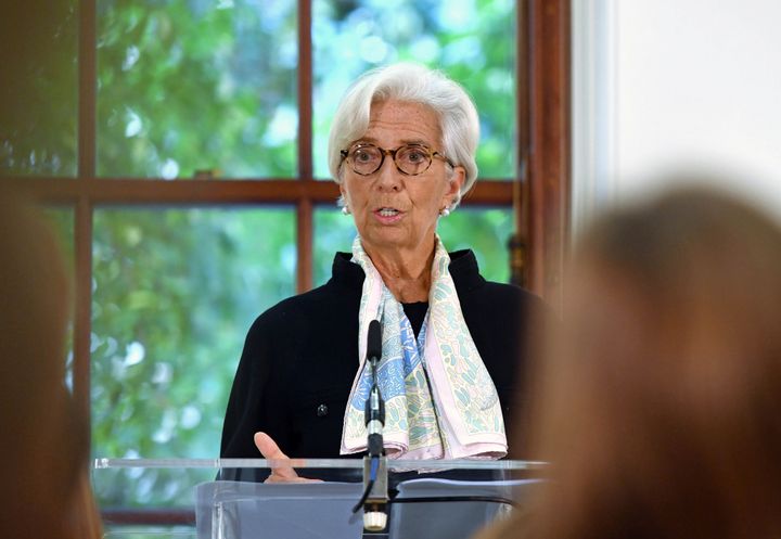Christine Lagarde at the IMF press conference on Monday.