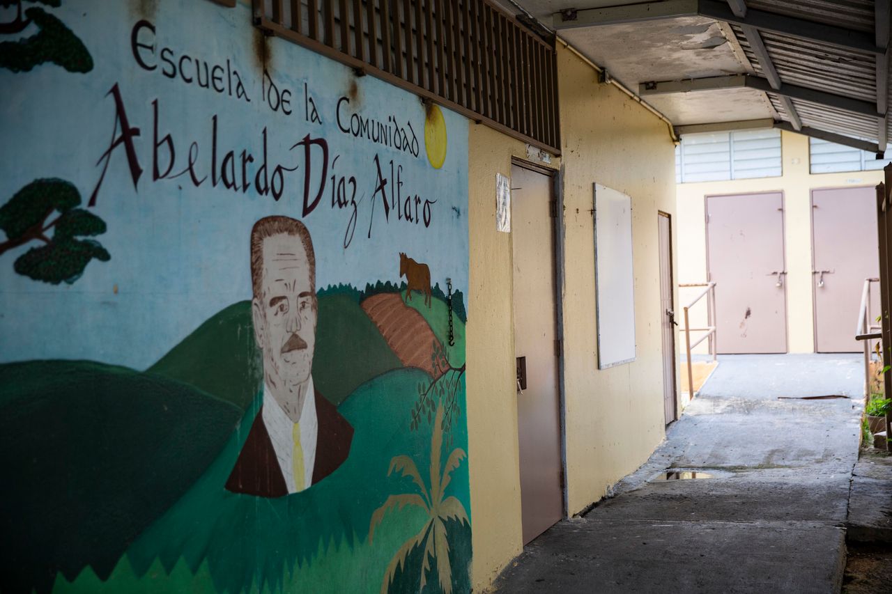 A mural at Abelardo Díaz Alfaro elementary school, with locked classroom doors in the background. 